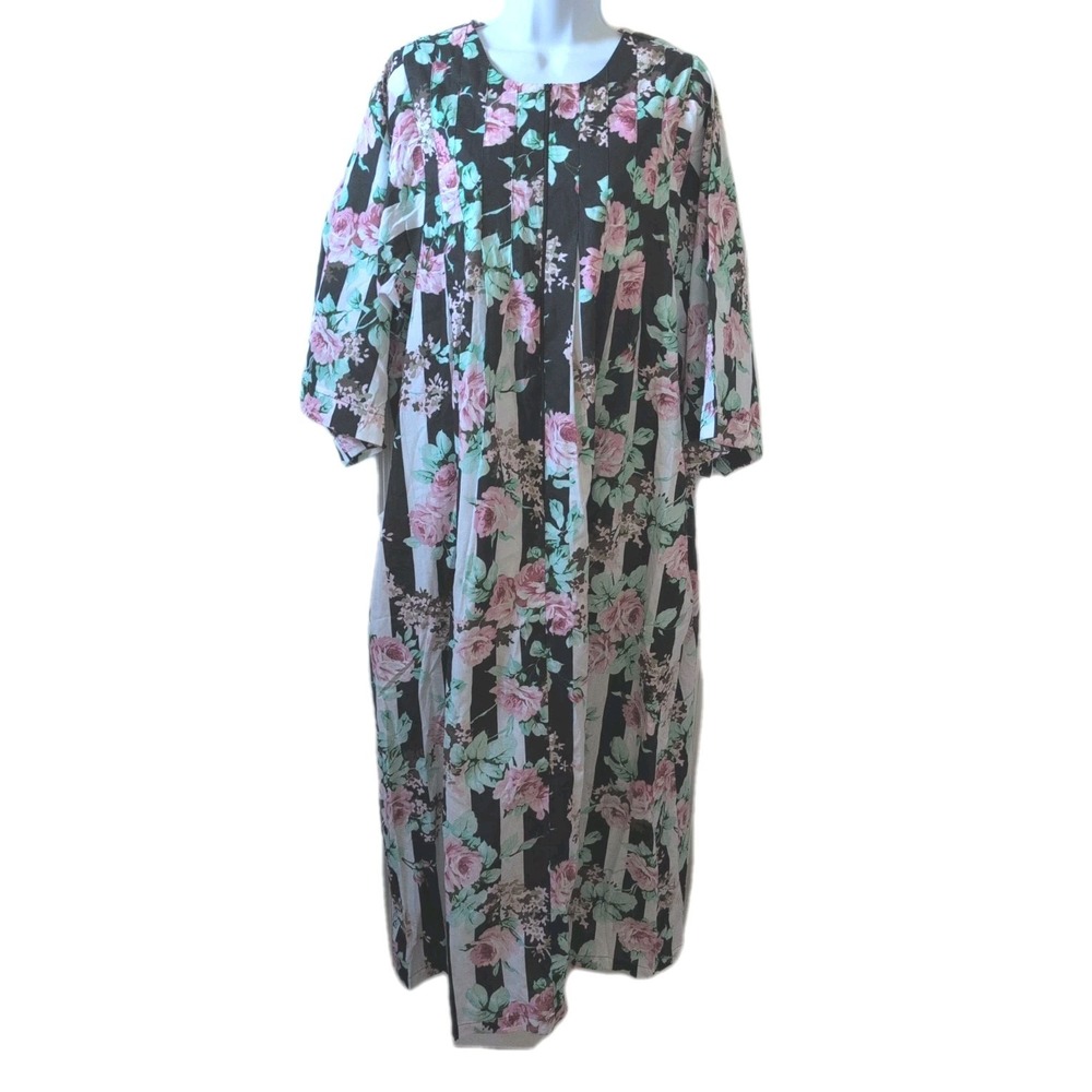 Vintage Anthony Richards Black & Pink Floral Muumuu Lounger Housecoat 2X - New